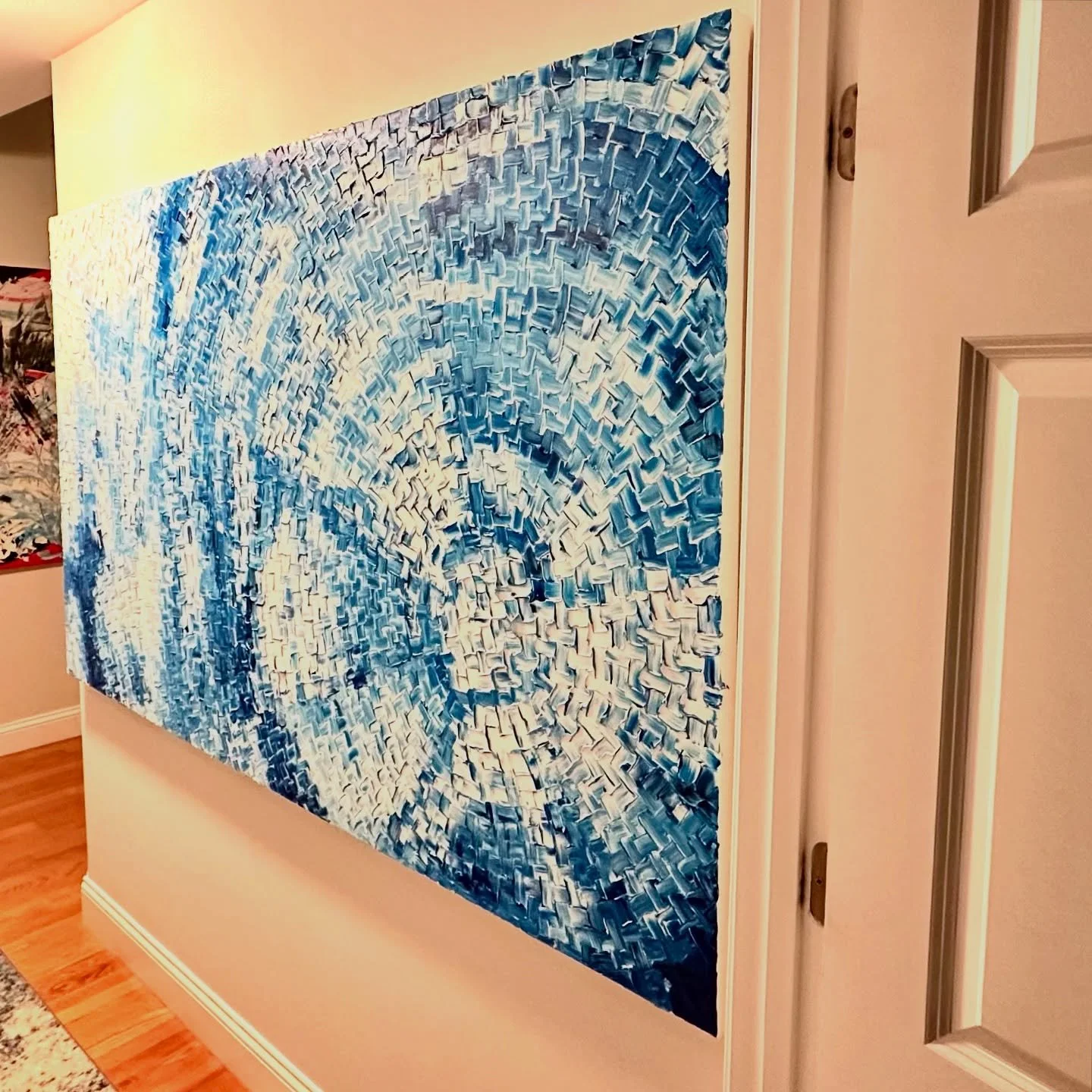 Install. Hard angle in a hallway.

Sky Weigh. (48x80&rdquo;) Acrylic on Canvas. 2025
New work. A puncture in spacetime if the fabric was made of sky. A stable appearance but ephemeral in substance. So tactile that we can experience it but untouchable