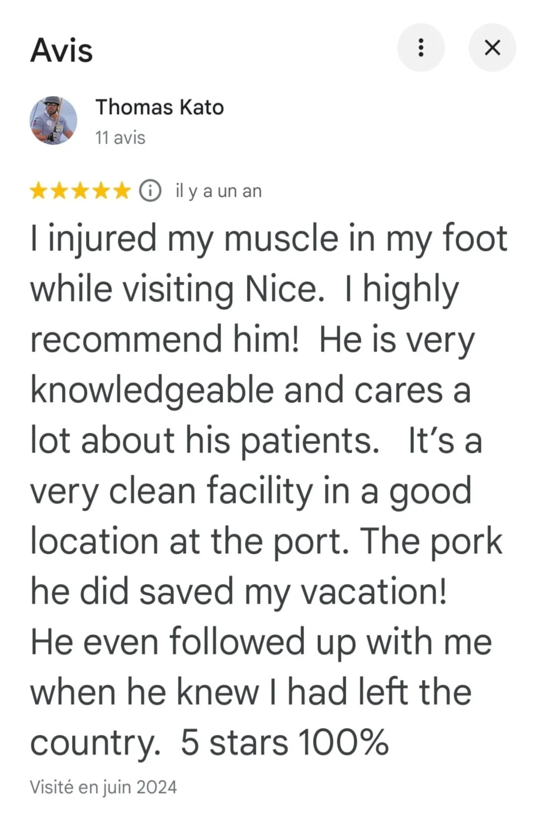 Screenshot review 5star for my acupuncture recovery practice in Nice France