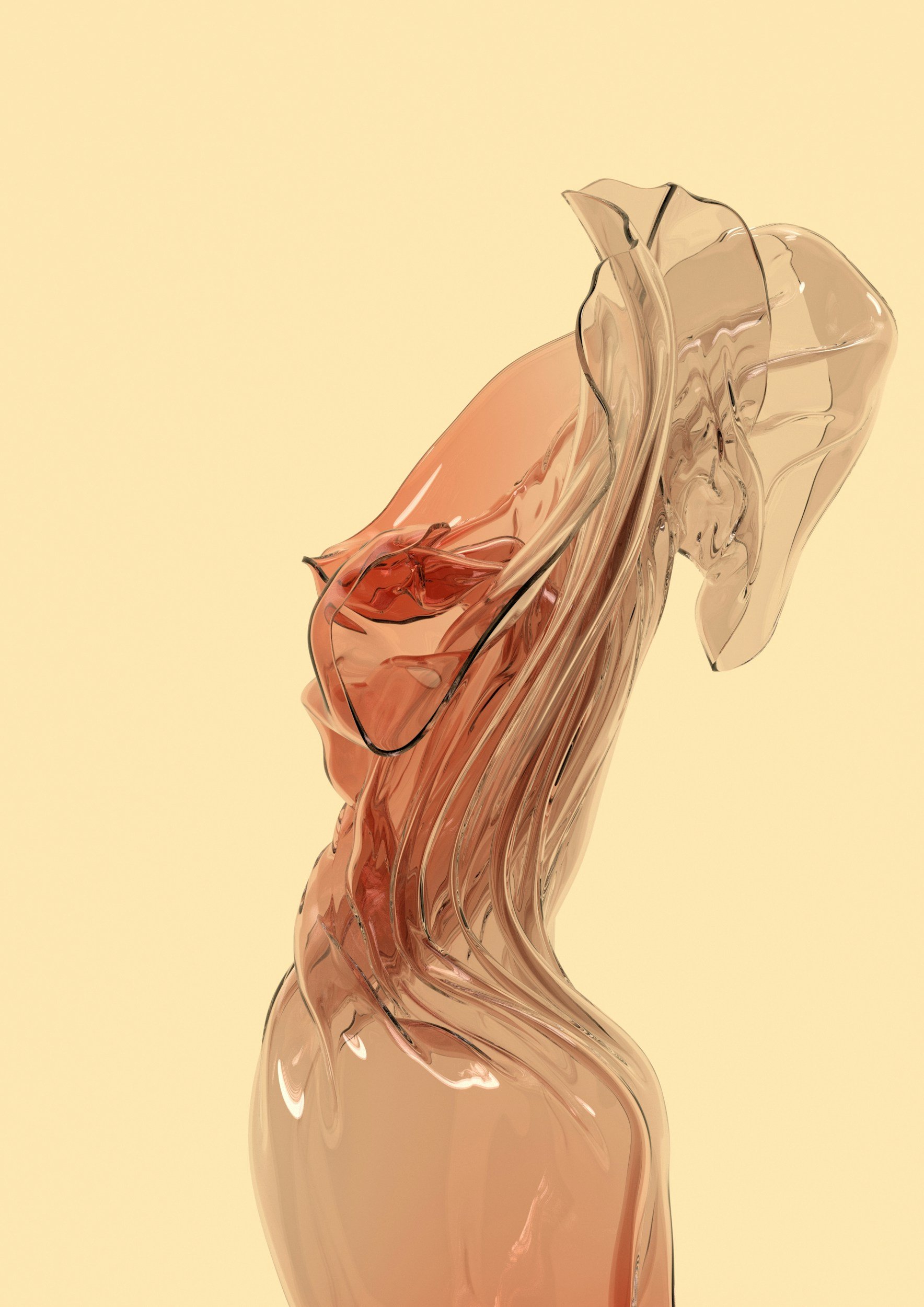 Abstract glass sculpture with flowing, curving shapes in shades of brown, with black lines, on a plain pale yellow background.