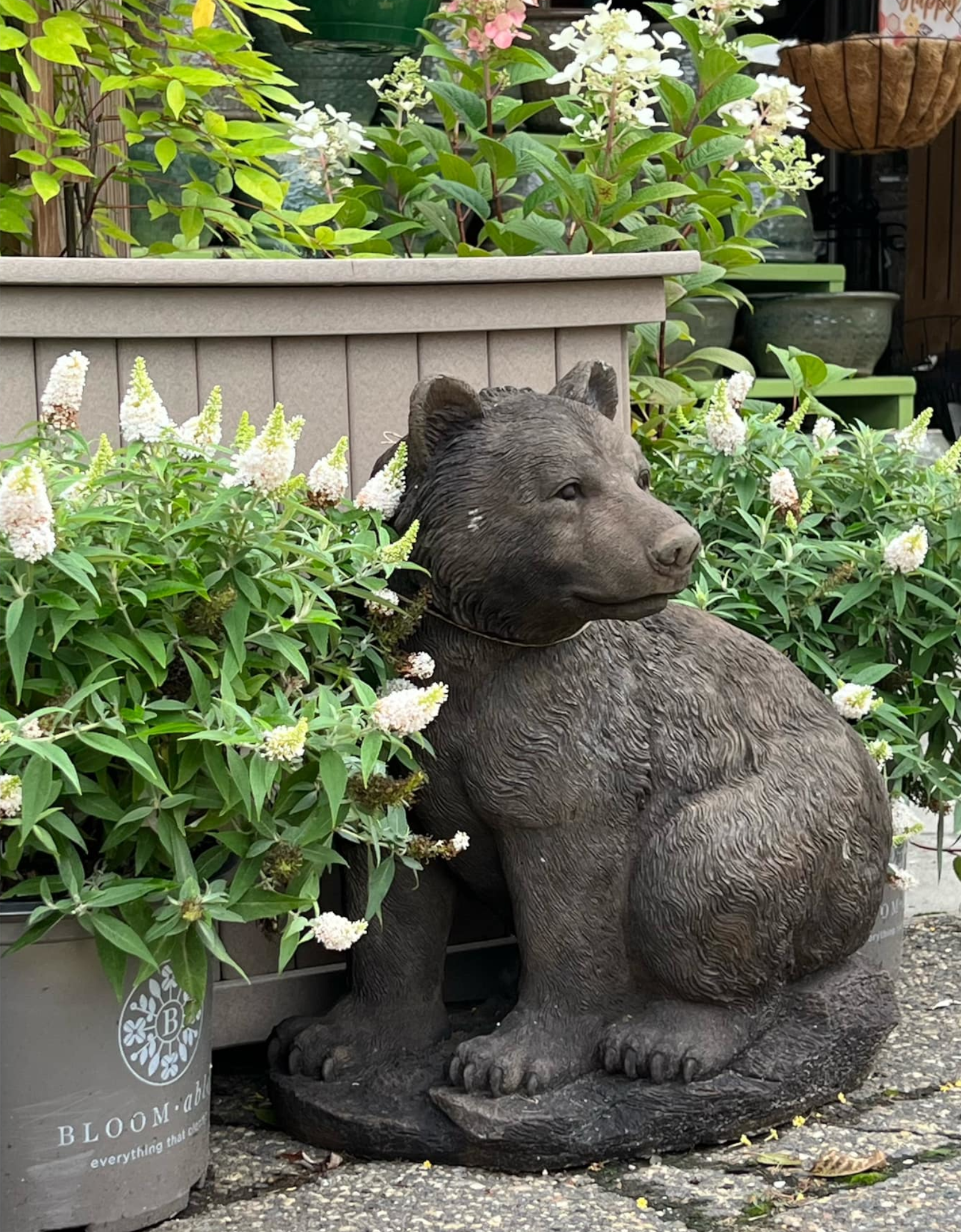 Concrete sculpture of a bear, positioned outdoors among green plants and flowers.