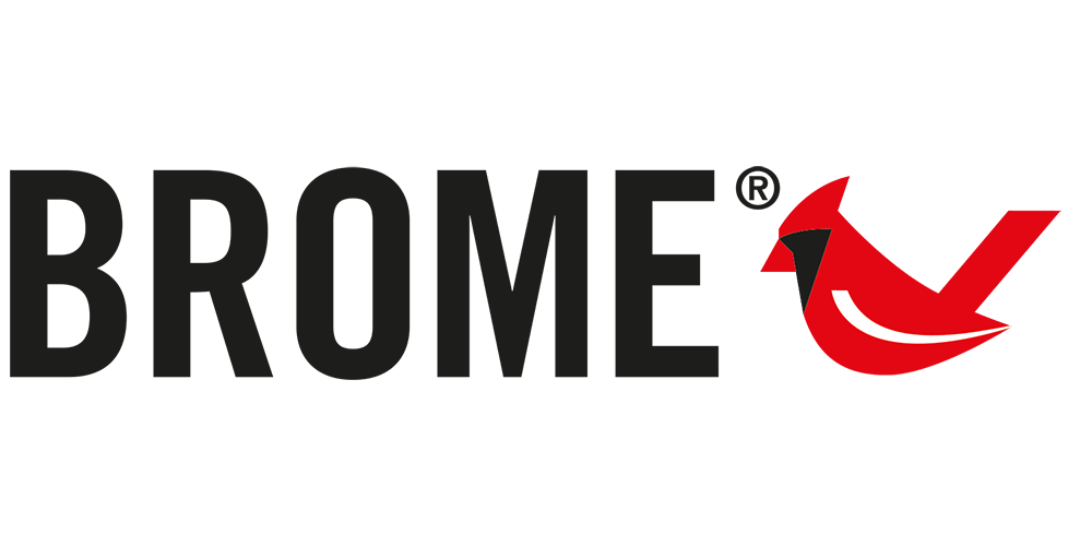 The image displays the BROME logo, featuring the word 'BROME' in bold black letters with a registered trademark symbol, accompanied by a stylized red bird on the right side.