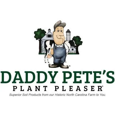 Cartoon illustration of a farmer standing in front of a farm with a barn, silo, and trees, with the text 'Daddy Pete's Plant Pleaser' and a slogan about superior soil products.