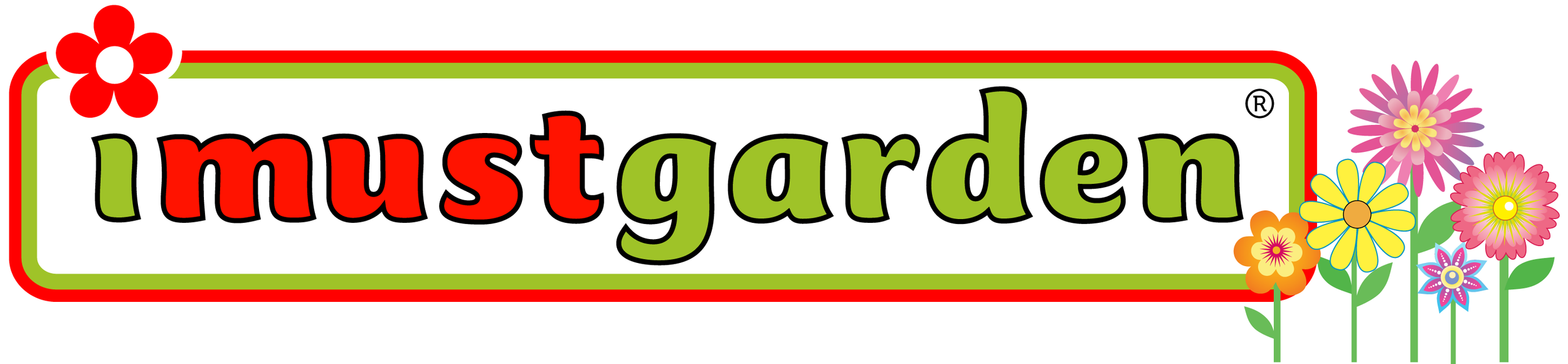 A colorful sign that reads 'imustgarden' with a red and green border, decorated with various brightly colored flowers on the right side.
