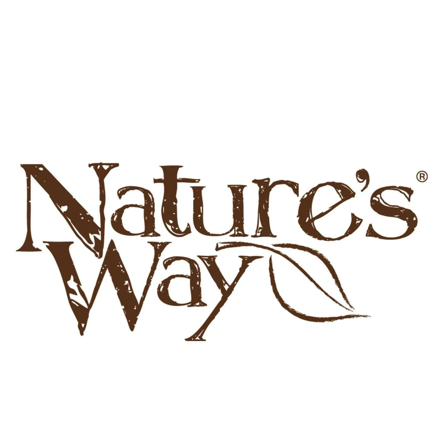 Logo for Nature's Way with brown text and a leaf illustration