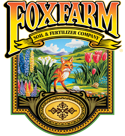 FoxFarm soil and fertilizer company logo featuring a fox standing among flowers and a landscape with trees and mountains.