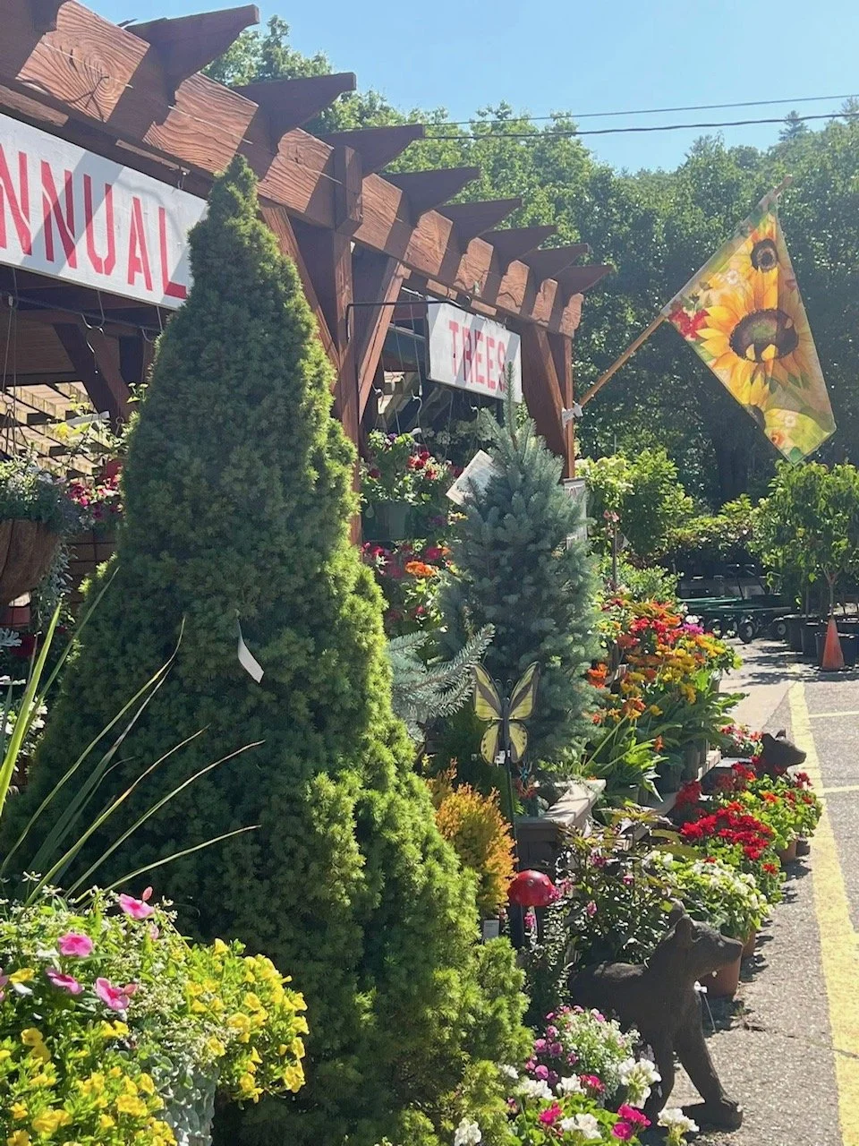 A flower shop with various potted plants and flowers displayed outside. There are trees, colorful flowers, decorative garden items, and a yellow flag with sunflower design is seen in the background. The shop has wooden architectural accents and is se