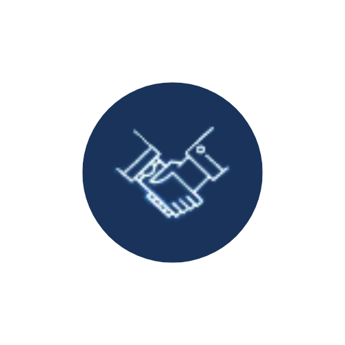 Icon of two hands shaking, indicating partnership or agreement, with a dark blue circular background.