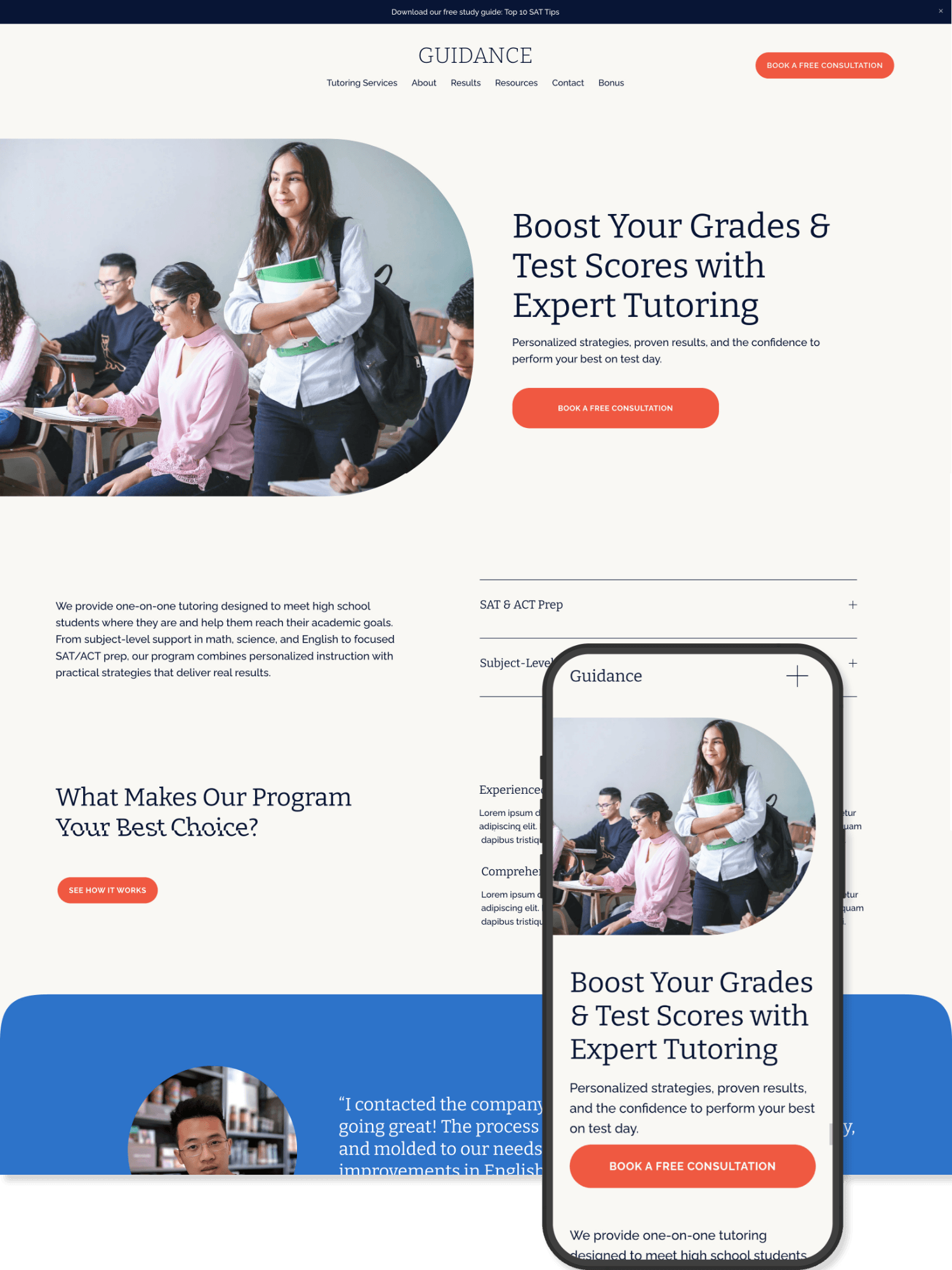 Website homepage for Guidance tutoring service, displaying a group of students in a classroom with one girl standing and holding books, promoting test prep and tutoring programs.