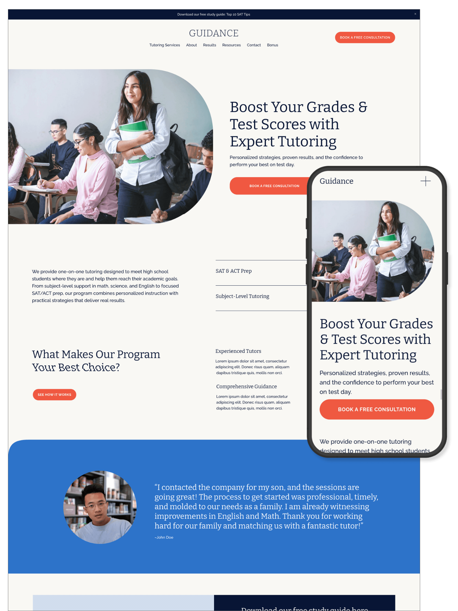 Screenshot of an educational tutoring website promoting test score improvement and personalized tutoring services, showing a group of students in a classroom and a tutoring testimonial.