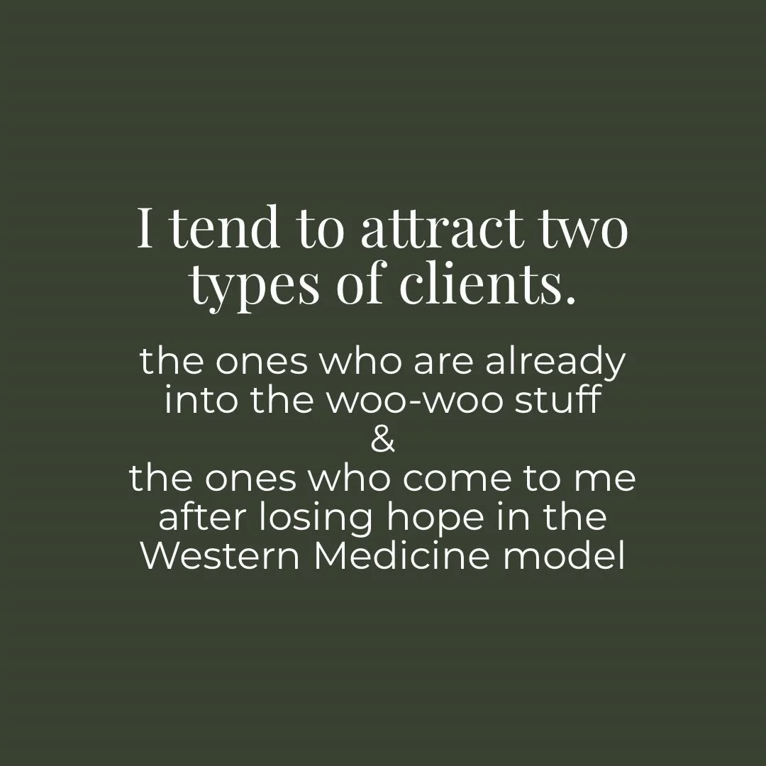 I tend to attract two types of clients.

The ones who are already into the &ldquo;woo woo&rdquo; side of things and don&rsquo;t question this work at all&hellip; and the ones who find me after years of trying everything in the western medicine model 