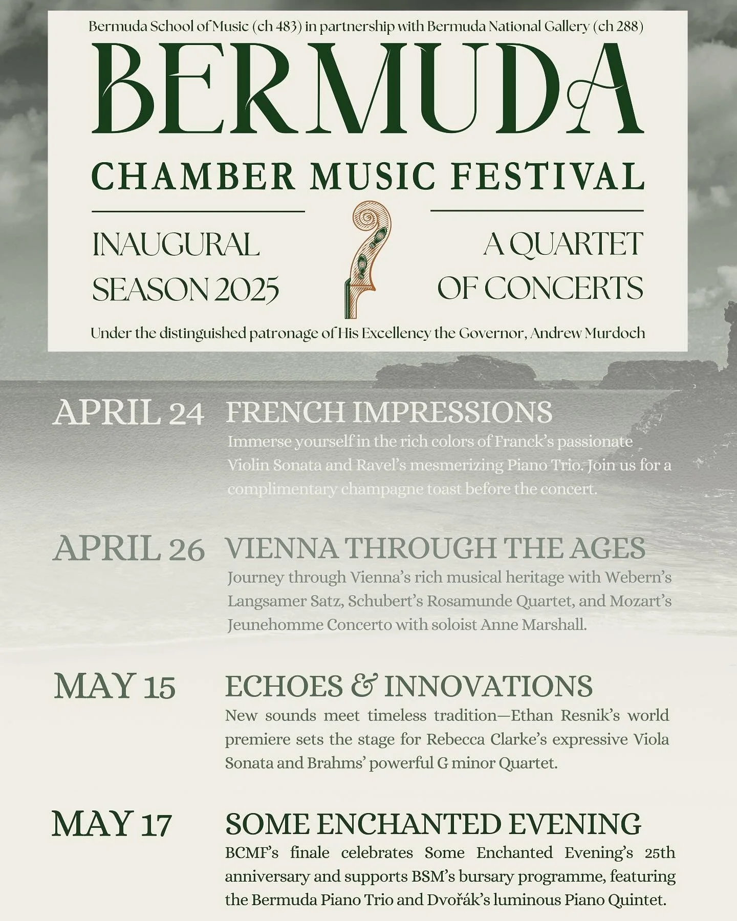 It&rsquo;s happening.
Four concerts. Ten exceptional artists. One festival bringing extraordinary chamber music experiences to our island &mdash; thoughtfully curated, deeply inspiring, and rooted in connection.

Mark your calendars:
April 24
April 2