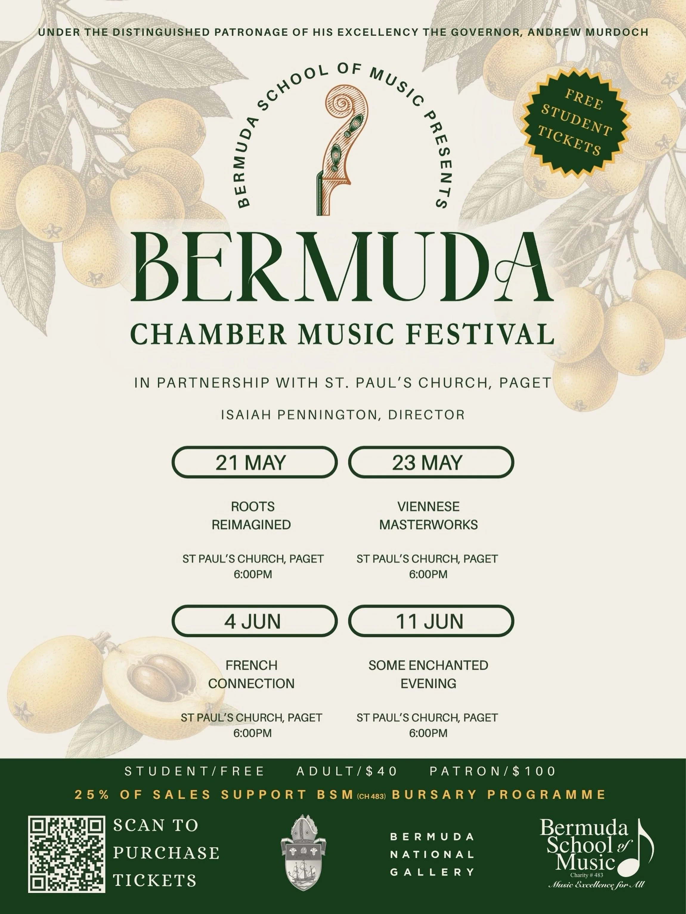 Have you gotten your season tickets yet for the Bermuda Chamber Music Festival? Don&rsquo;t miss @callistoquartet presenting Roots Reimagined on May 21, joined by @isaiahpennington on May 23 for the Schubert Cello Quintet, followed by a French progra