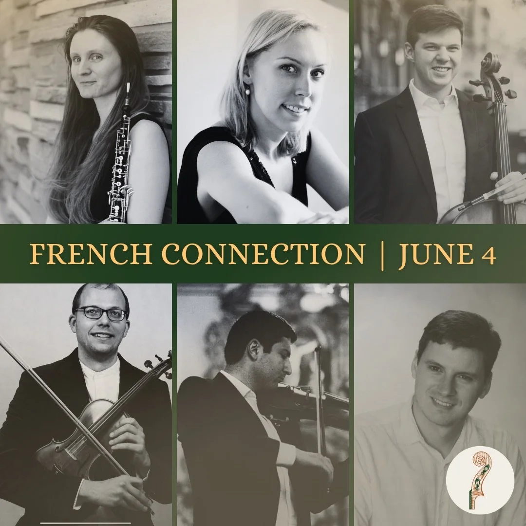 A beautiful evening of French music awaits.

Join us for French Connections, featuring Saint-Sa&euml;ns&rsquo; elegant Oboe Sonata, Grandval&rsquo;s charming Trio de Salon, Chopin&rsquo;s passionate Cello Sonata, and the lush Piano Quintet of Th&eacu