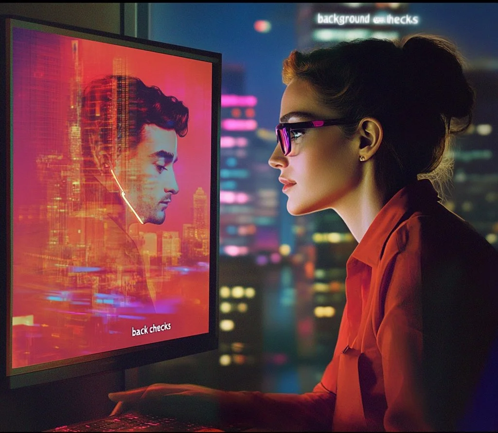 A woman with glasses and styled hair looks at a computer screen displaying a digital portrait of a man with headphones, with a cityscape and neon lights in the background.