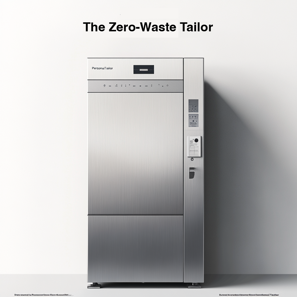 A vending machine labeled "The Zero-Waste Tailor" with a sleek metallic finish, situated against a white wall with a shadow cast on the right side.
