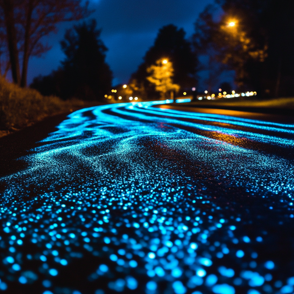 Nighttime scene of a road with glowing blue paint or lights creating a dotted pattern, illuminated by streetlights and surrounded by trees.