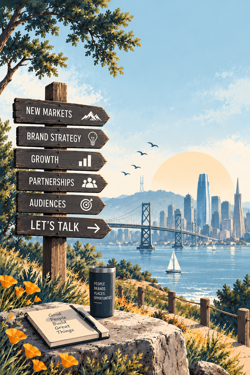 A scenic outdoor scene with a wooden signpost listing topics like new markets, brand strategy, growth, partnerships, audiences, and let's talk. In the background is a city skyline with tall buildings, a bridge over water, and a sunset or sunrise sky. There are sailing boats on the water and birds flying in the sky. On a stone surface in the foreground, there’s a notebook with the words "Good People Build Great Things" and a pen, along with a cup labeled "People Brands Places Opportunities."