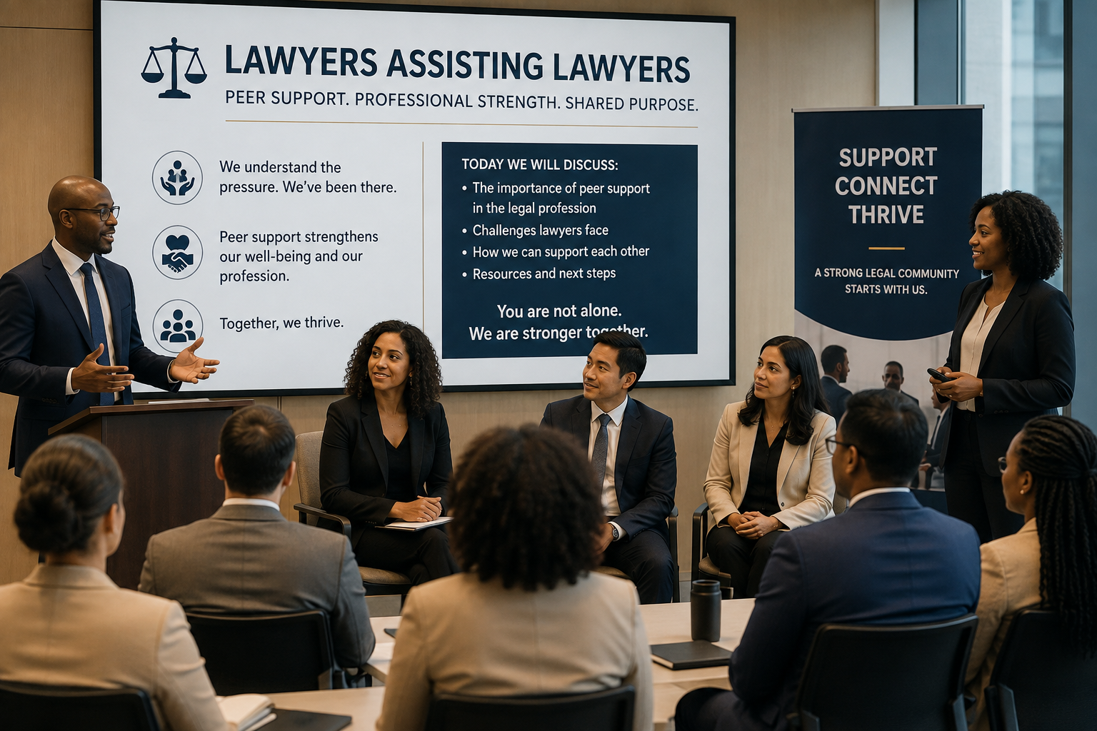 A diverse group of professionals attending a presentation on peer support for lawyers, with a large screen displaying information about the importance of peer support, challenges faced, and resources available.