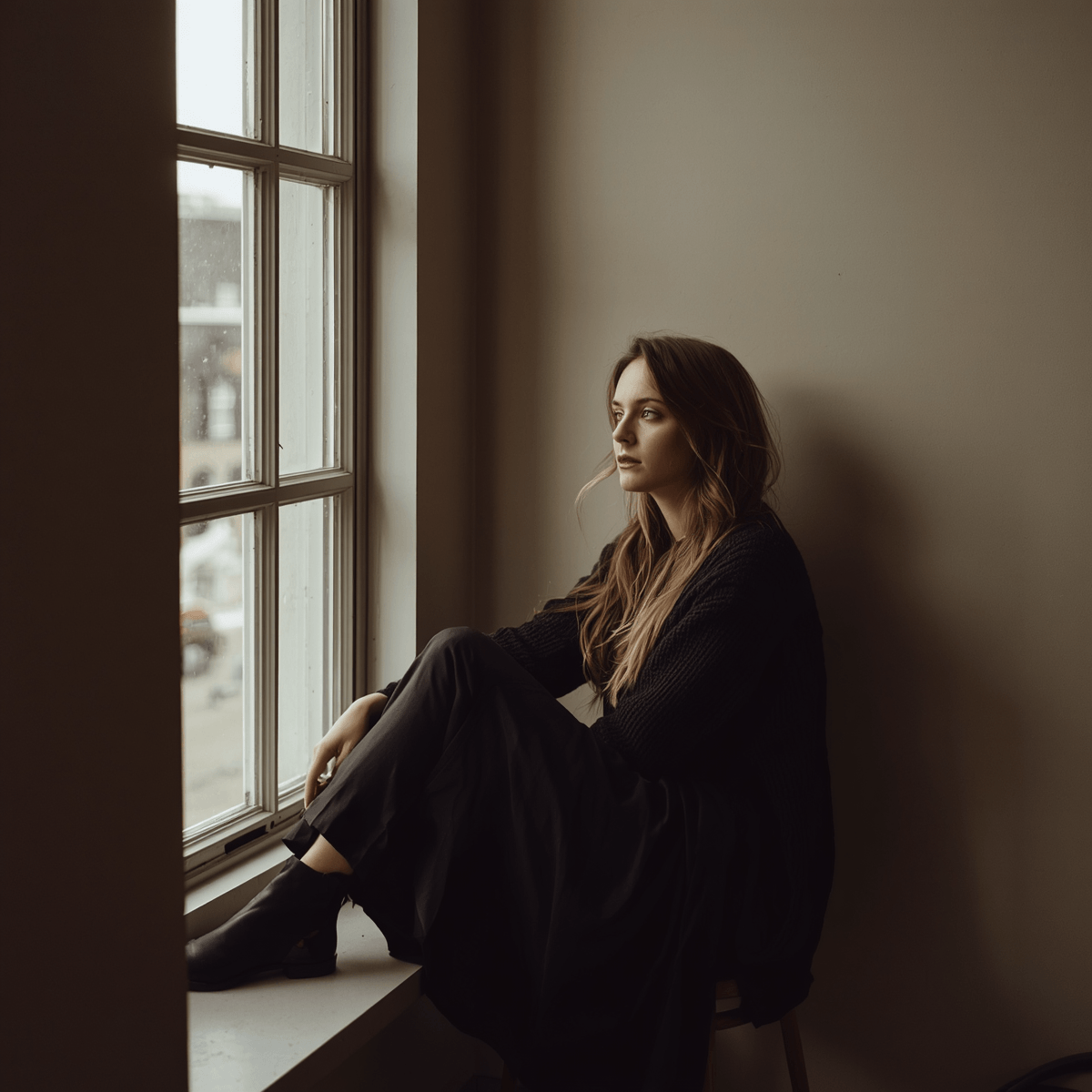 a woman sitting by the window