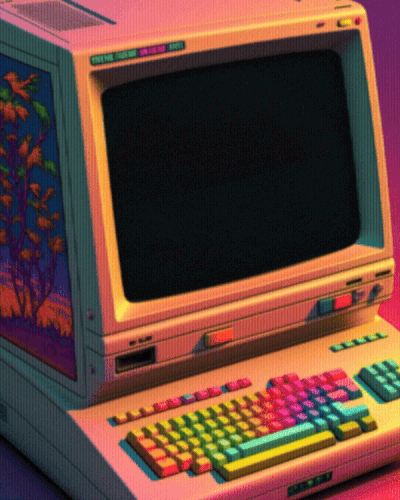 Vintage computer with colorful keyboard and side decals.