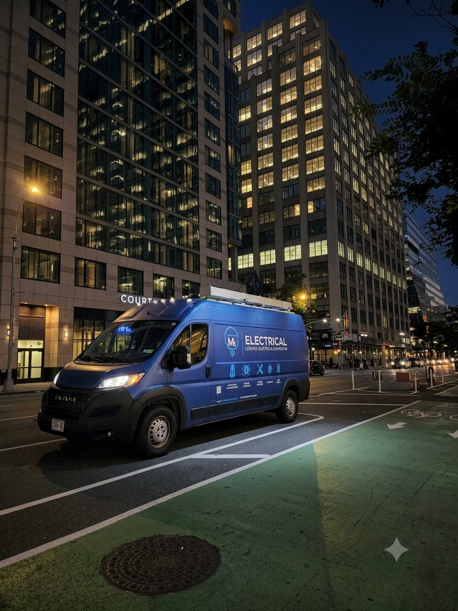 M&T Electrical van on a 24/7 emergency call in Manhattan at night