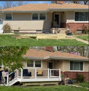 Two views of a house with a beige exterior, front yard, and a deck in progress, including construction materials and completed deck with white railing.