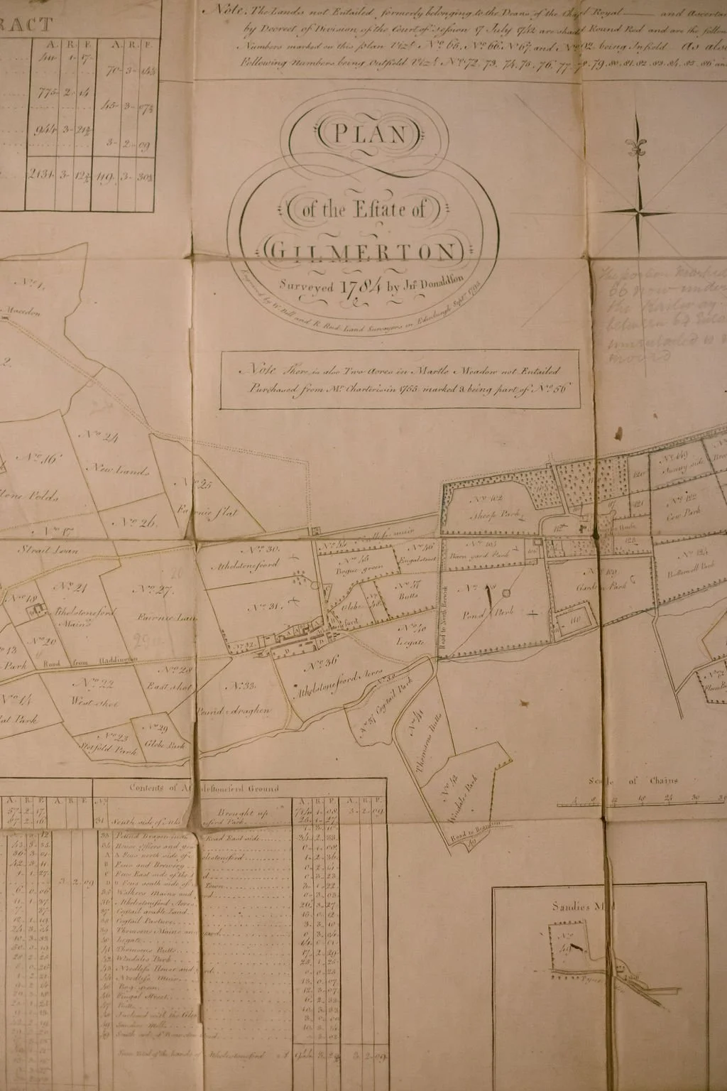 An antique map titled 'Plan of the Estate of Gilberton' surveyed in 1704, showing land divisions, boundaries, and geographic features, with handwritten notes and a compass rose.