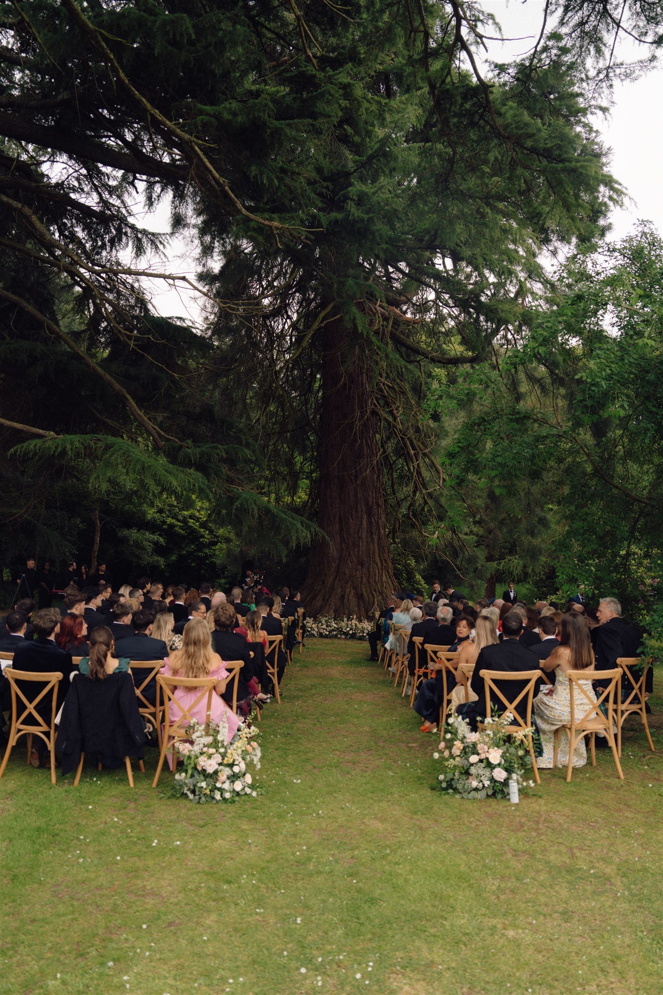 Outdoor wedding ceremony under a large tree with guests seated on wooden chairs and floral arrangements.
