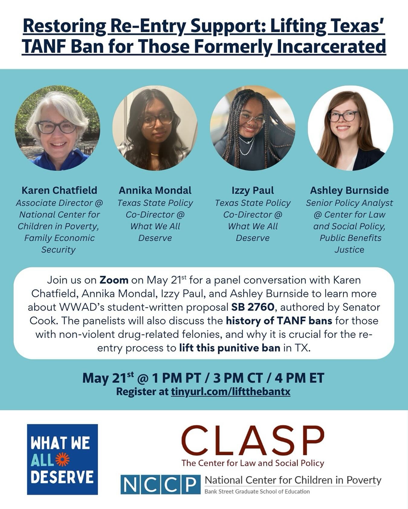 We’re so excited to announce our first webinar, Restoring Re-Entry Support: Lifting Texas’ TANF Ban for Those Formerly Incarcerated.
Centered around WWAD TX’s SB 2760 (authored by Senator Molly Cook), this panel will cover the hist