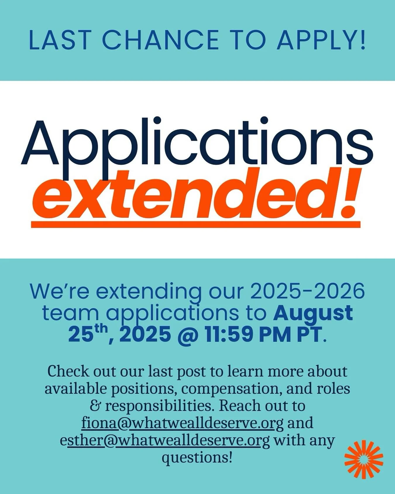We’re excited to announce that we’re extending our 2025-2026 team applications to August 25th, 2035 @ 11:59 PM PT.
We’re recruiting for positions on our State Policy teams in CA, TX, and NY and Social Media team. Check out our last