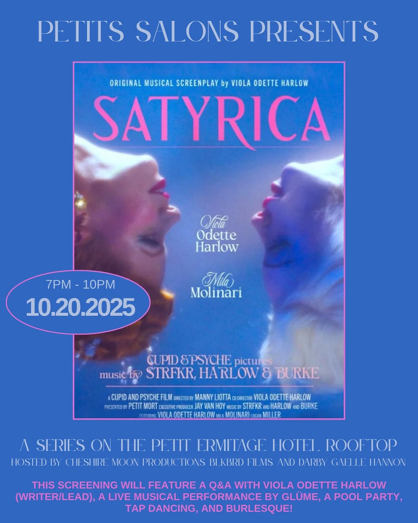 This Monday, Oct 20 — we’re taking Petits Salons poolside at @petitermitagehotel. Think old Hollywood mischief, a new Garden of Allah: tap dancing, burlesque, and maybe someone getting pushed off the diving board.
Live music kicks off at