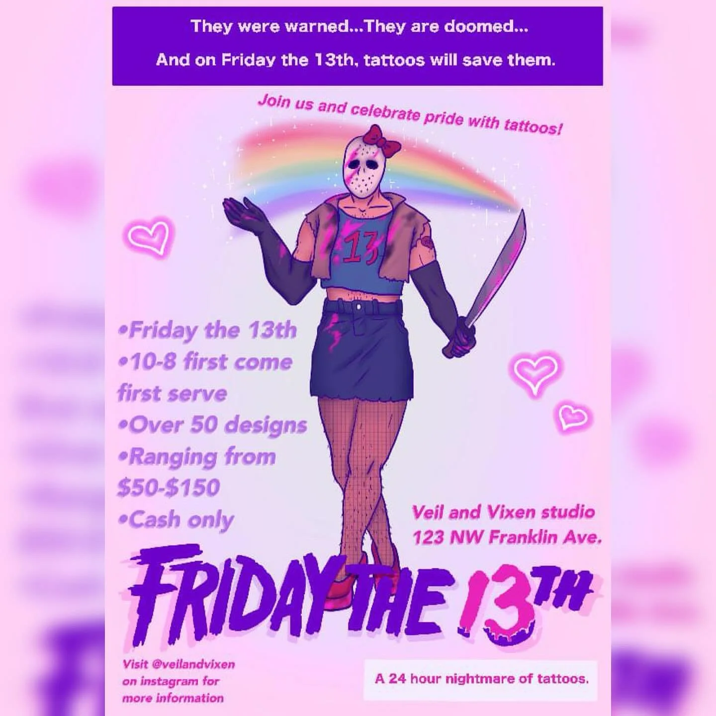 Who&rsquo;s excited for a Friday the 13th tattoo tradition? And it&rsquo;s PRIDE 🌈 
Join us this Friday, June 13th for walk-in available pre-drawn designs at a discount 💖 
We have 7 artists here with their own fabulous designs ready to go, priced b