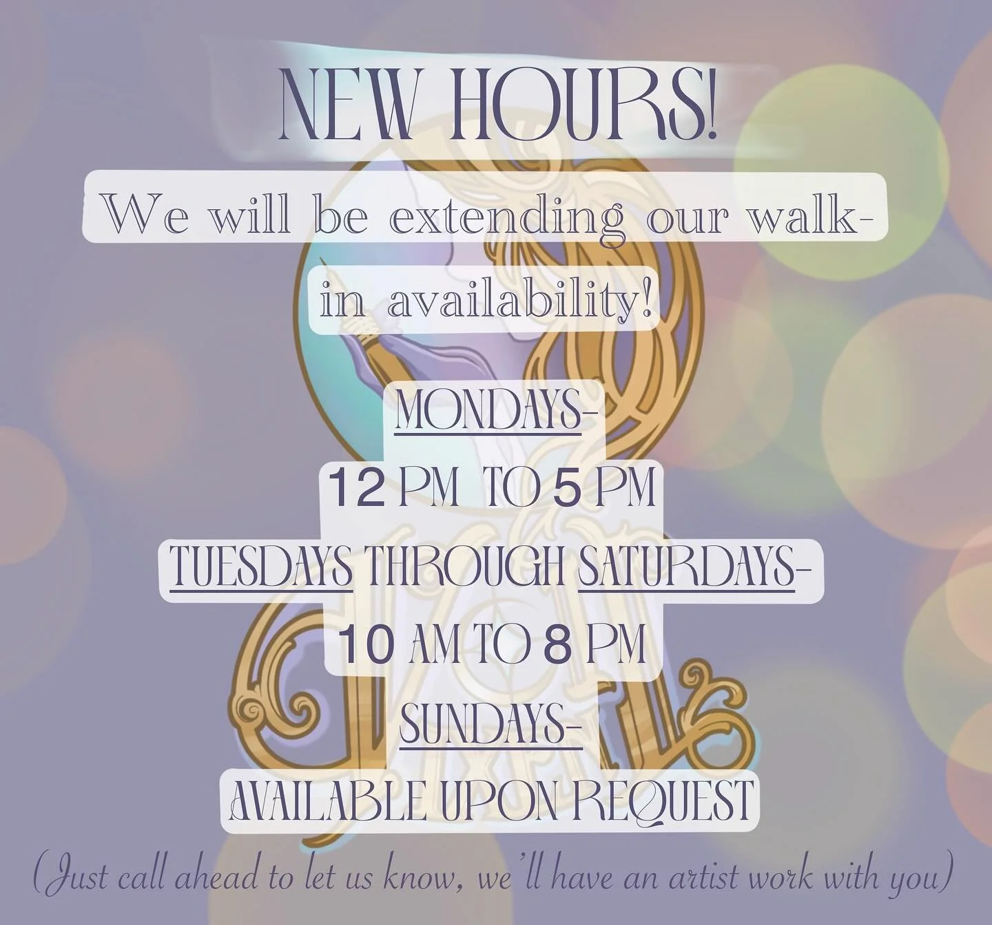 We have extended our hours! Walk-in appointments are available ✨7 days a week ✨ and we are open later! Artists will be accepting walk-ins until 8 pm Tuesdays through Saturdays. @tayxtattoo is our Monday walk-in tattoo artist, and multiple artists are