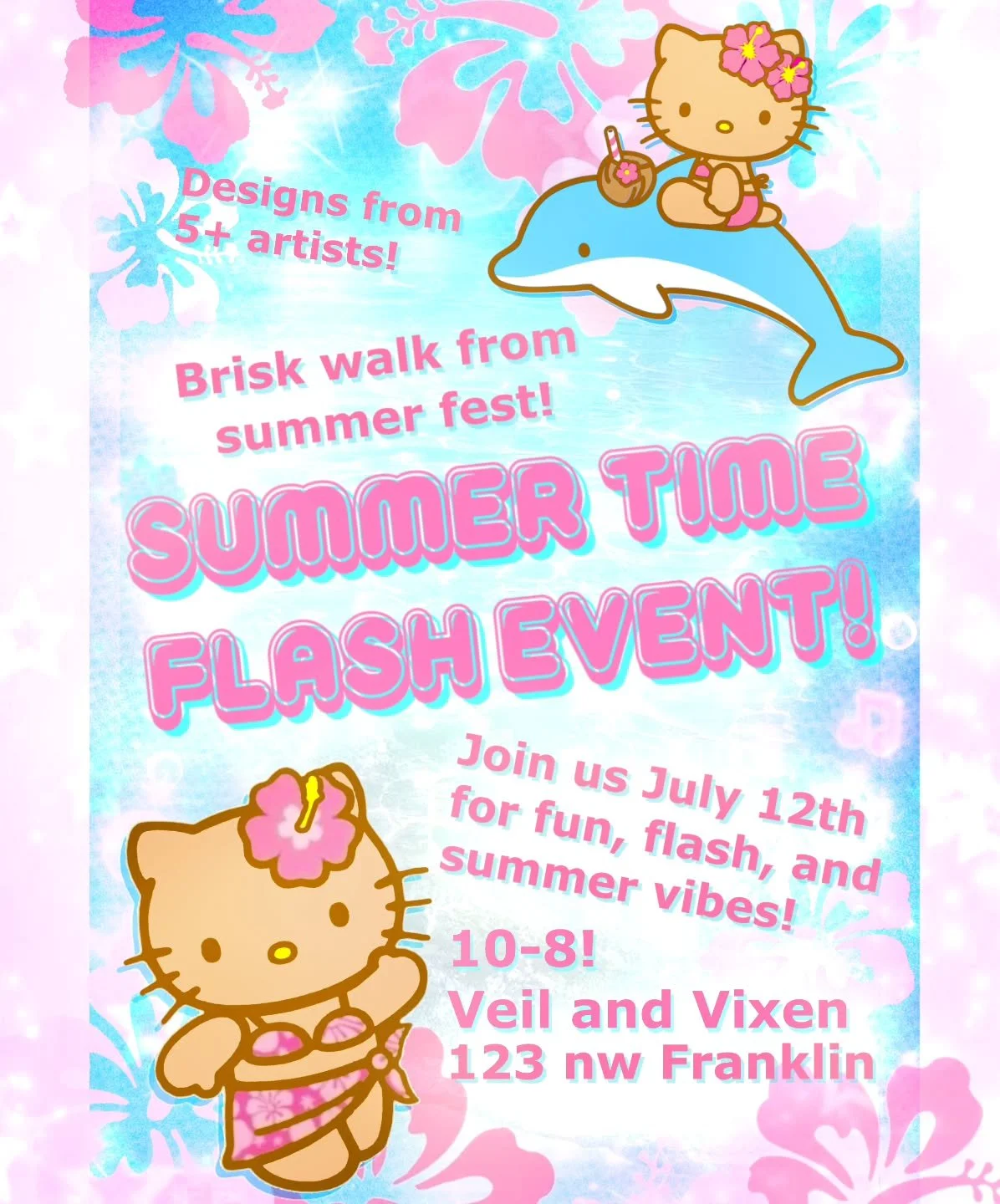 Announcing our July flash event! 🌺☀️🍉
Join us on the 12th of July for some summer time fun!
50+ unique designs to choose from, and just a short walk from Bend Summer Fest! Bring your friends and celebrate summer!