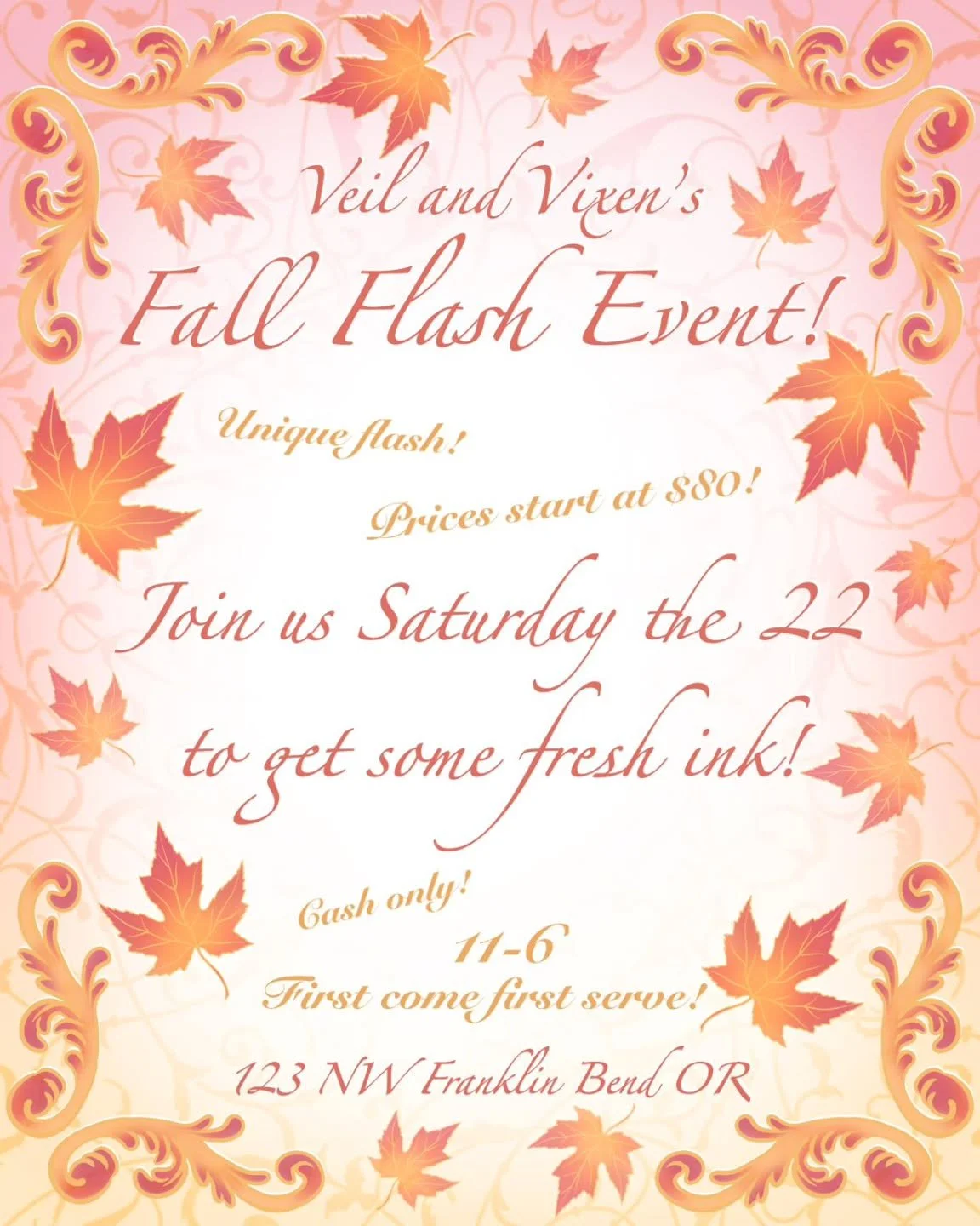 THIS SATURDAY! Join us for our autumn flash event!
Perfect season to come get tattooed! 
With dozens of unique flash, starting at just $80! Find some fresh ink to treat yourself with! 
11-6 at veil and vixen studio!