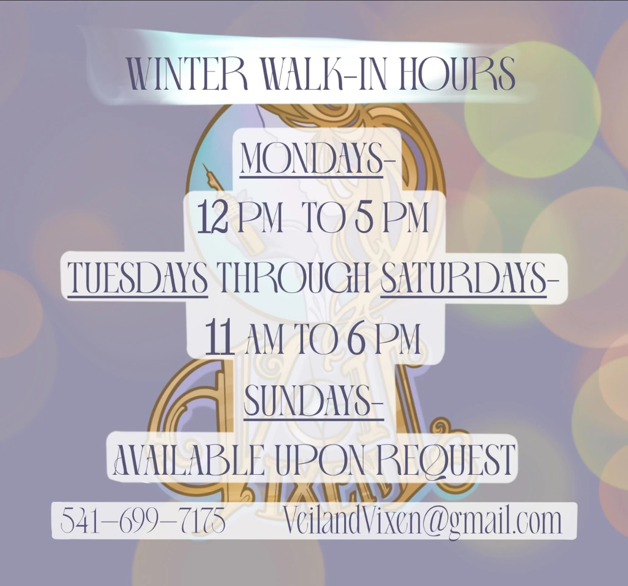 Winter walk-in hours are in effect until March 1st! We always have an artist here accepting walk-ins during open hours!
11 am-6 pm Tuesdays through Saturdays
12 pm-5 pm Mondays
Sundays by appointment only
Call or text ahead to let us know you&rsquo;r