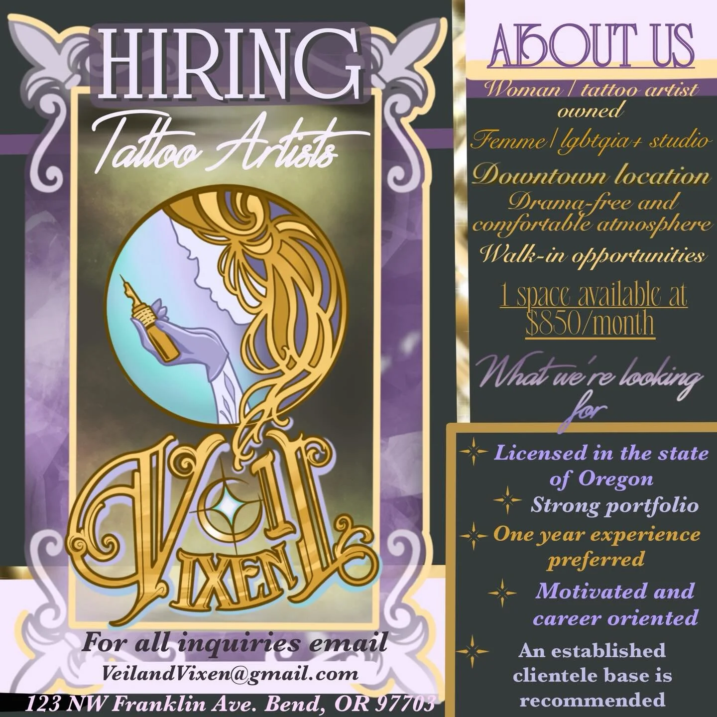 We have one space available for rent! Unfortunately our artist @tayxtattoo is leaving the industry to pursue their own artistic journey. Please inquire via email for booth opportunities 💜