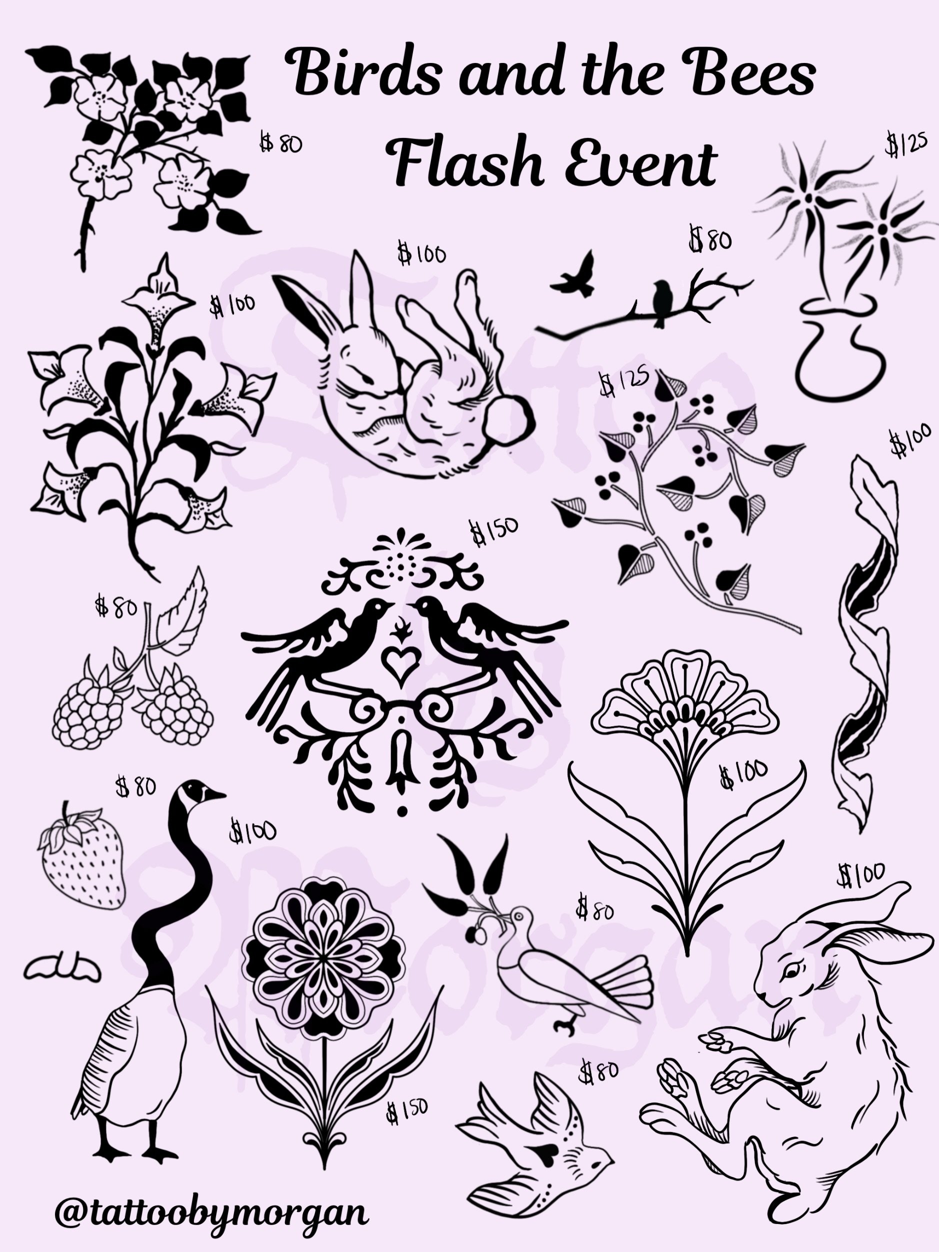 @tattoobymorgan dropped her flash for this month&rsquo;s Birds and the Bees Flash event on May 16. If you aren&rsquo;t able to make it on the 16th, DM Morgan to book a time.
 
Thinking about getting more than one design? Get $20 off a second tattoo d
