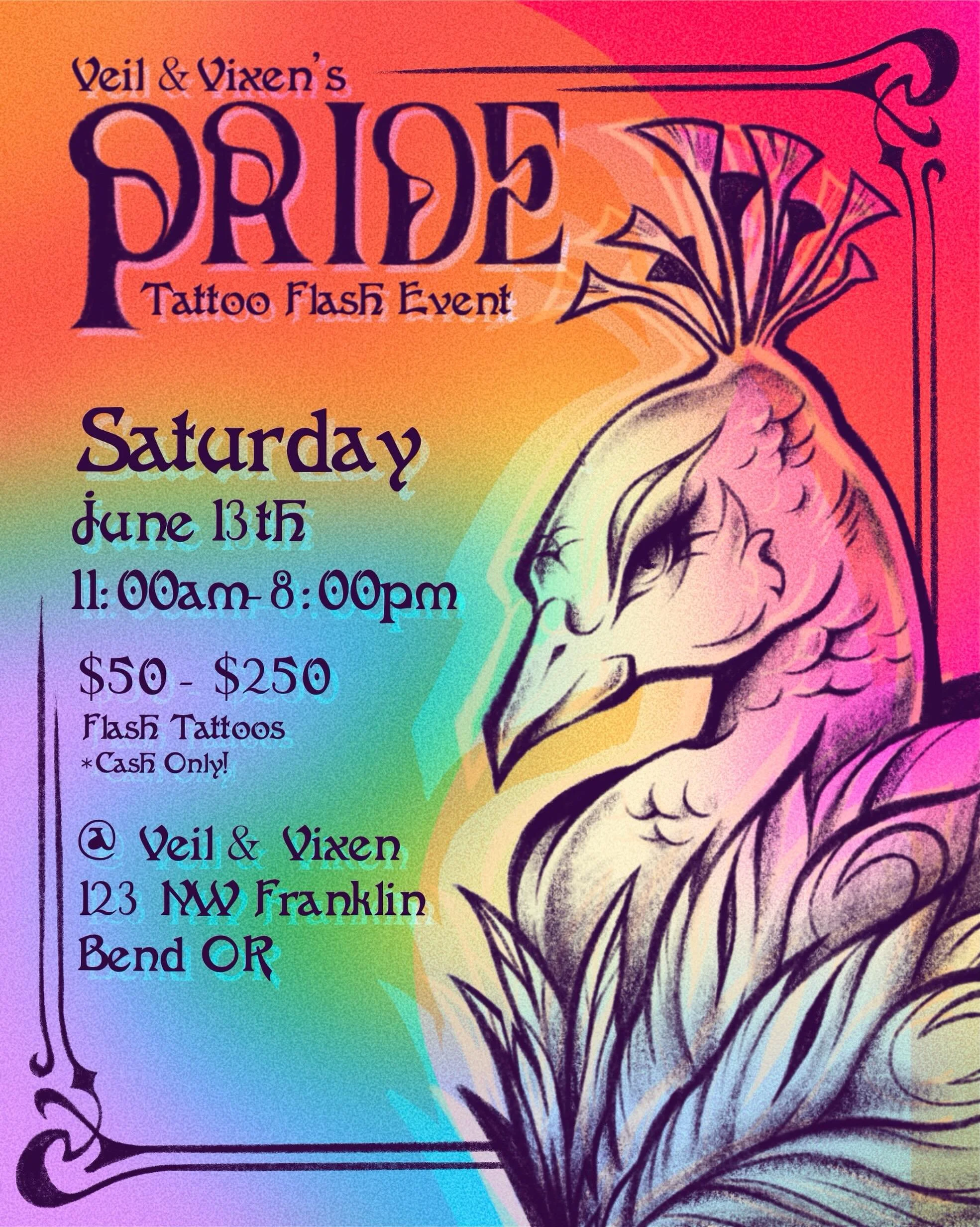 Get ready for our next upcoming #pride #flashevent this month on Saturday, June 13th!
Stay tuned to see available flash designs by our amazing artists here at Veil &amp; Vixen 🔮✨
Feel free to comment or DM us with any questions you may have! We are 