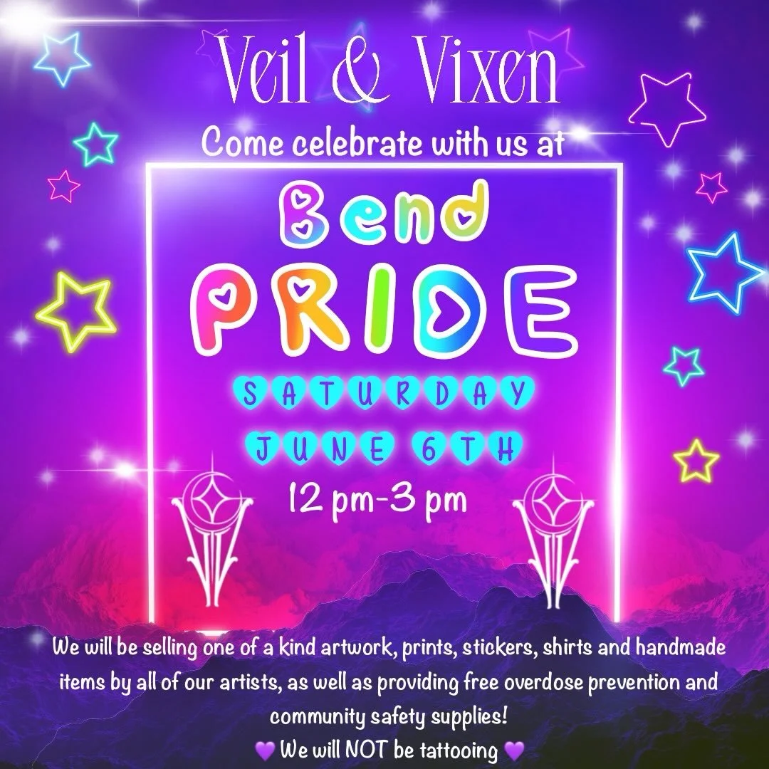 Come celebrate at Bend Pride this Saturday June 6th at Drake Park! We will have a booth this year, selling artwork, stickers, prints, shirts, handmade crafts, and giving out free overdose prevention and community safety items💖 We are not tattooing! 