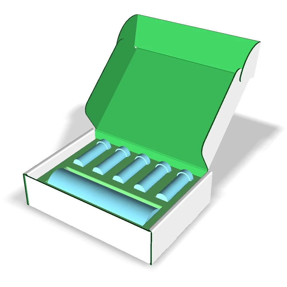 This REFT-style mailer houses a trendy water bottle and 5ea flavor tablet packs. The one-piece insert lifts the tablets to the top of the box while holding each item securely. There is plenty of space for graphics while still minimizing excessive air