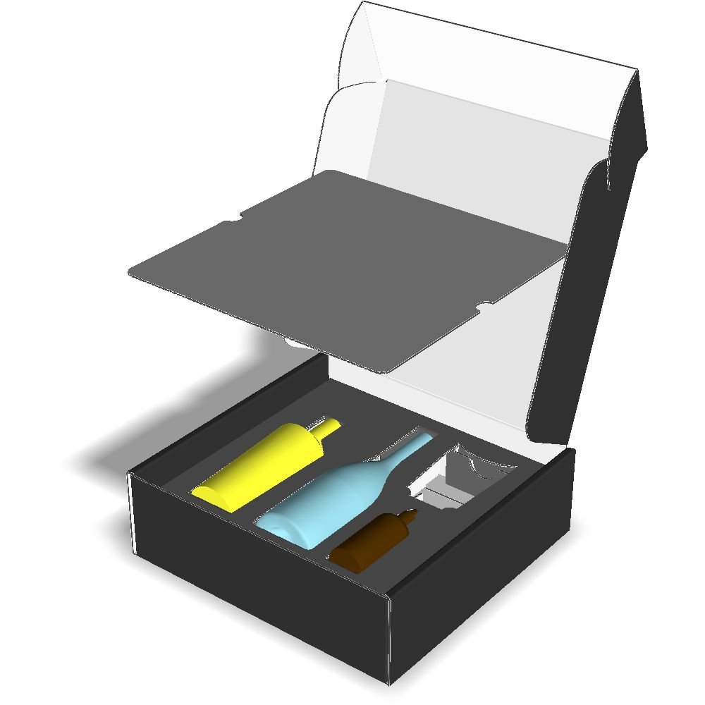Influencers who receive this cocktail kit will open a standard Roll-End Front Tuck and be greeted by a cheerful personalized message on the top pad. Removing this extra protection reveals an aperitif, a bottle of champagne, a bottle of bitters, and a