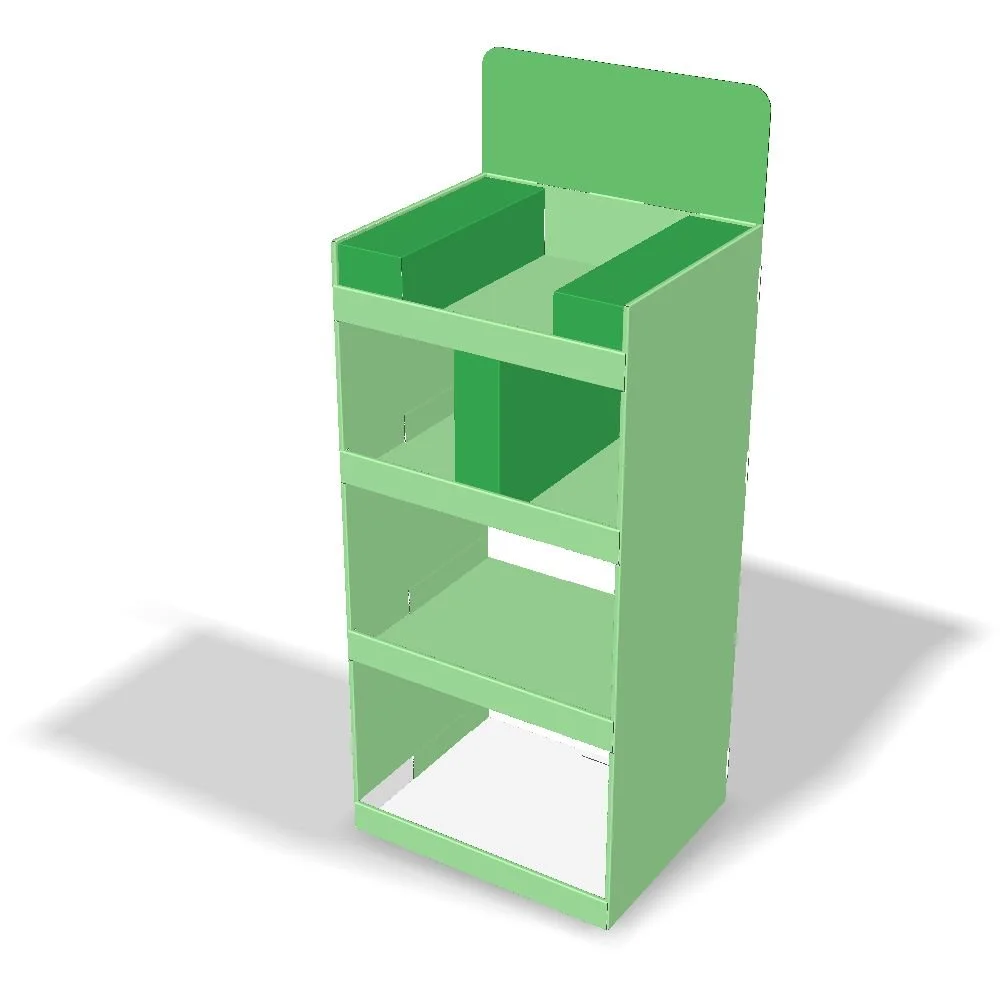 Sustainability was important to the customer so it played a part in designing this quarter-pallet display. The design utilizes lock tabs and friction instead of plastic clips, PSA, or glue. It also needed to be adaptable for a variety of products. Op