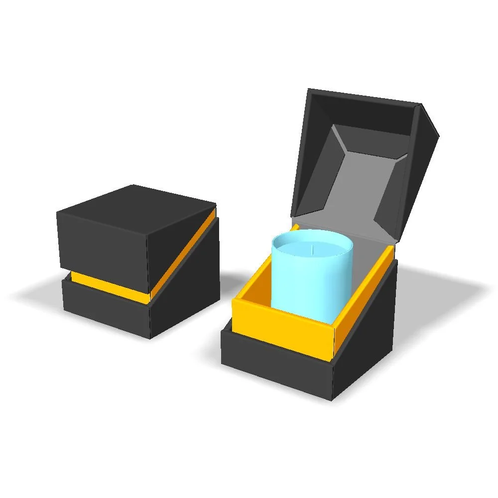 This beautiful candle box is a warehouse-friendly alternative to the standard setup box. It is 100% corrugated material and does not require glue or PSA to keep the layers together. It lies flat, unlike setup boxes, which means it can be stored in a 