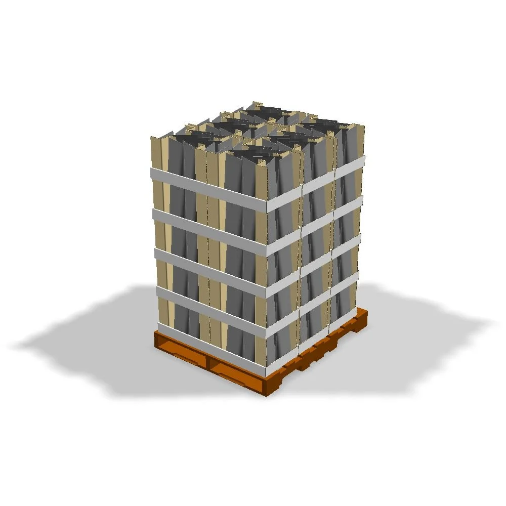 This 4-side-shoppable pallet display for food pouches uses a simple Roll End Tray to separate the layers. Stacking support is provided using a 1-pc insert. Centered on the tray, 2 panels fold upwards to divide the products into 3 equal sections. The 