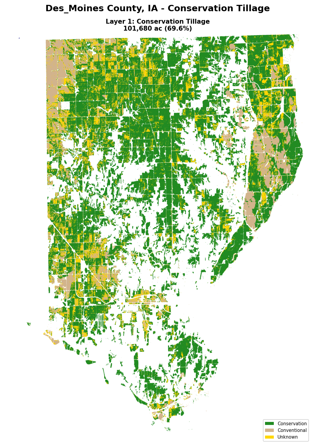 Des Moines County Layer 1 Conservation Tillage map showing green conservation, tan conventional, and yellow UNKNOWN classifications