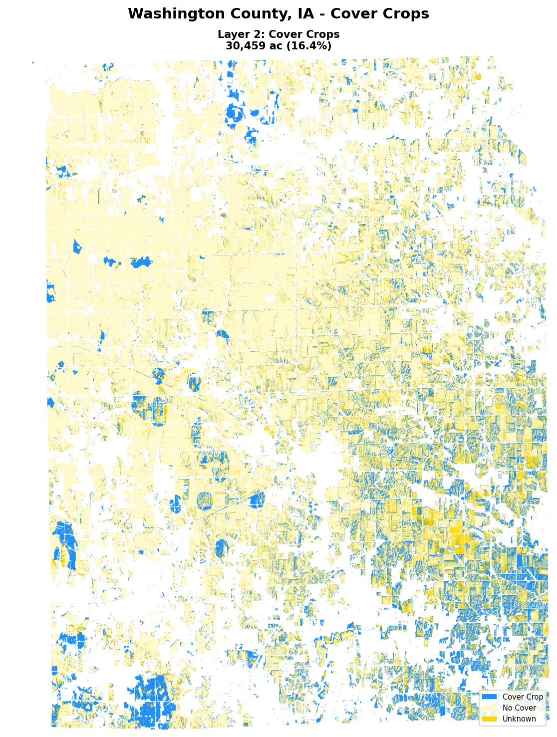 Washington County Layer 2 Cover Crops map showing blue cover crop, yellow no cover, and gold UNKNOWN