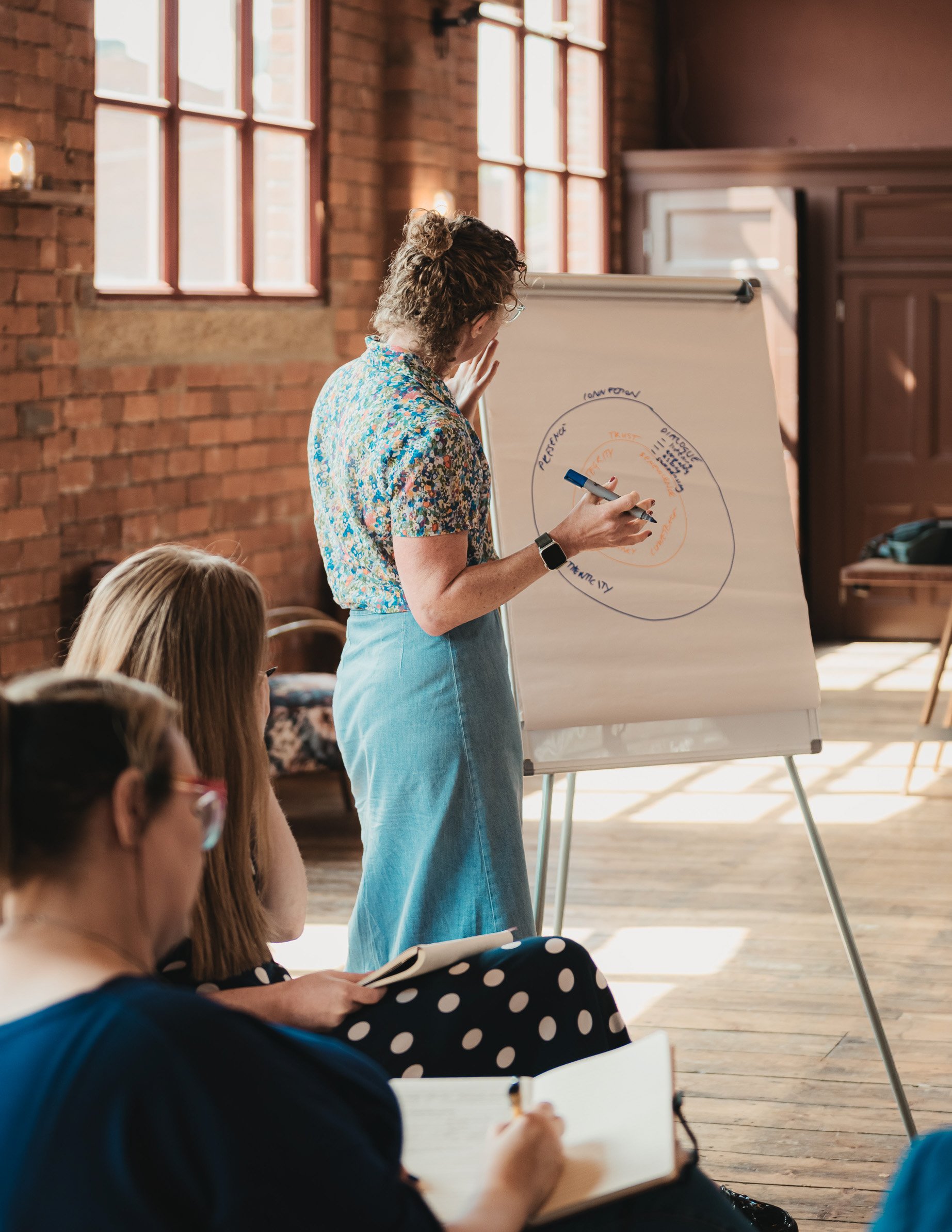 Emma is standing at a flip chart, giving a presentation to a group of people in a room with brick walls and large windows, in natural light.
