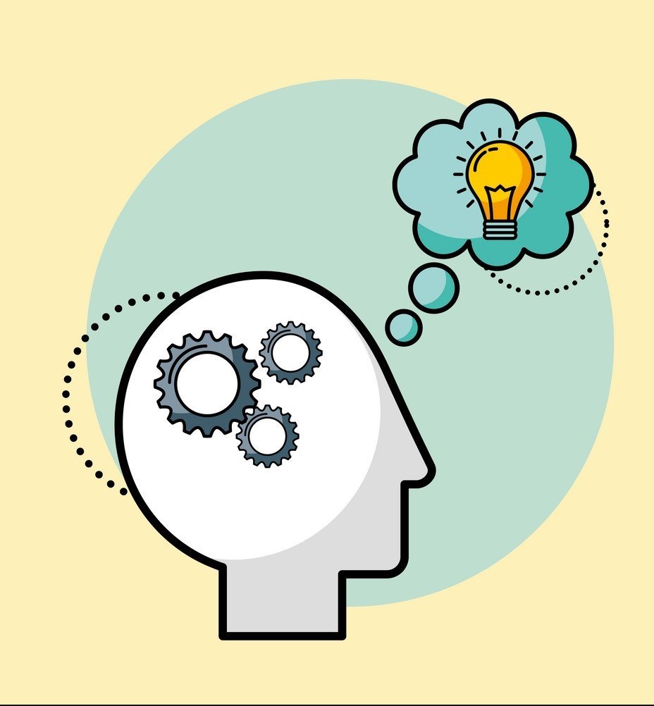 A minimalist illustration of a human head with gears inside, representing thinking or problem-solving, and a thought bubble with a lightbulb symbolizing an idea or inspiration.
