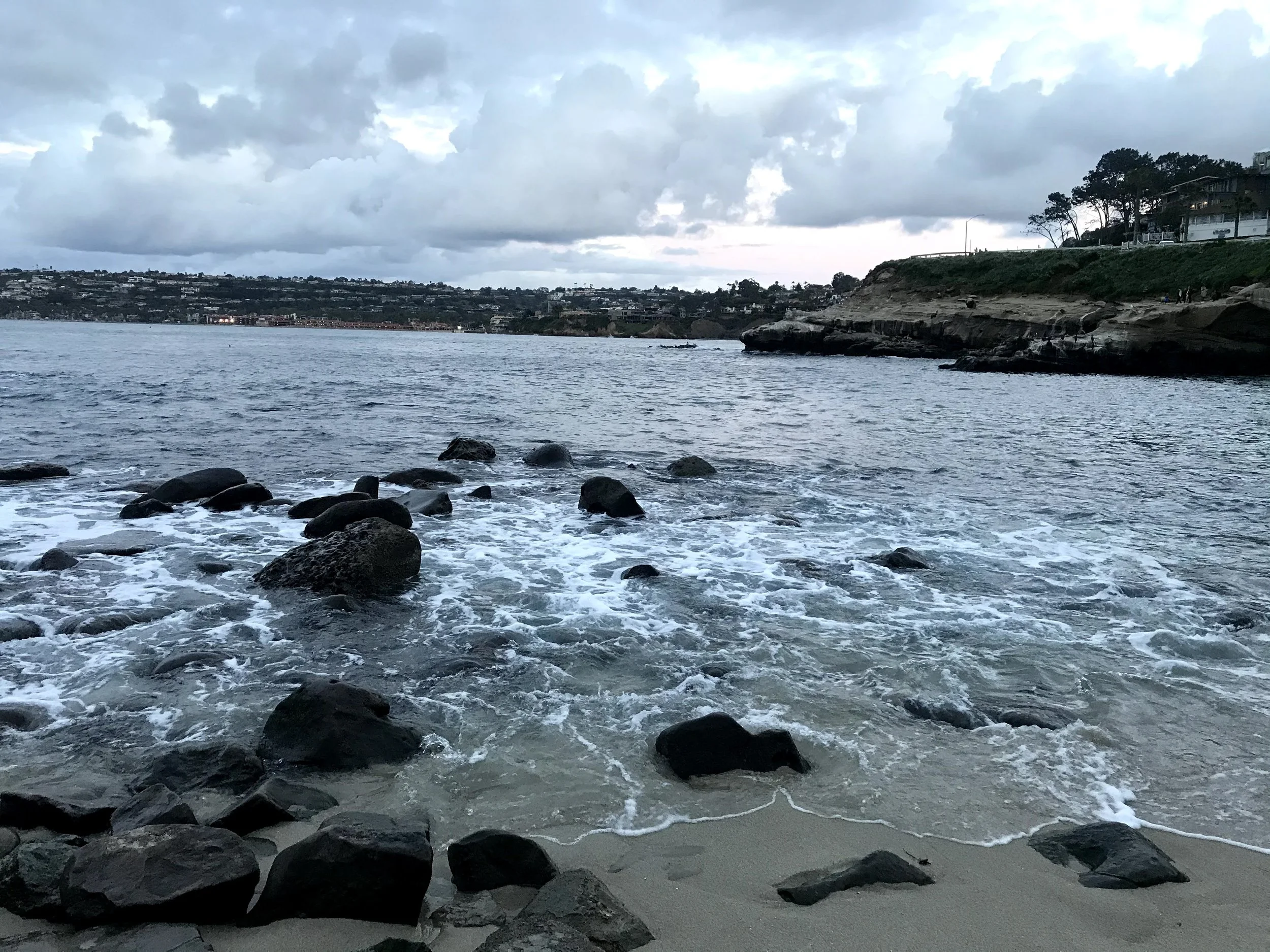Coastal scene with waves crashing on rocks along a sandy shore, with cliffs and residential buildings in the background, under a cloudy sky.